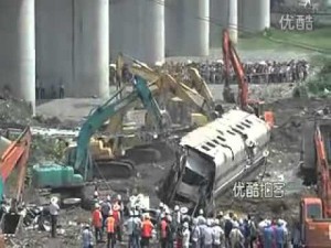 Burying bad news - Diggers line up to bury a carriage from the Wenzhou crash in 2011