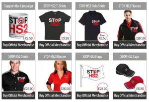 Some of the official merchadise available at the Stop HS2 Shop
