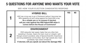 From HS2AA mailing list: 5 questions to anyone who wants your vote: on the hybrid bill, the environment, compensation, priorities, and cuts to existing rail services