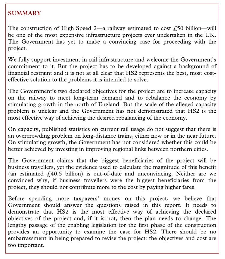A summary of findings from the Lords Economic Affairs Committee on HS2.