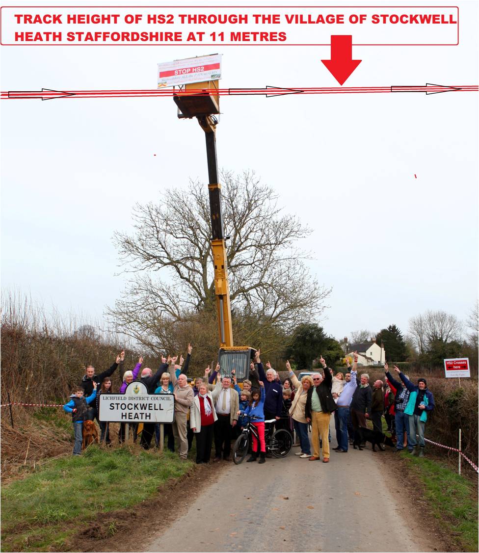 At 11m above current ground level, the locals are using a crane to demonstrate height of HS2 tracks