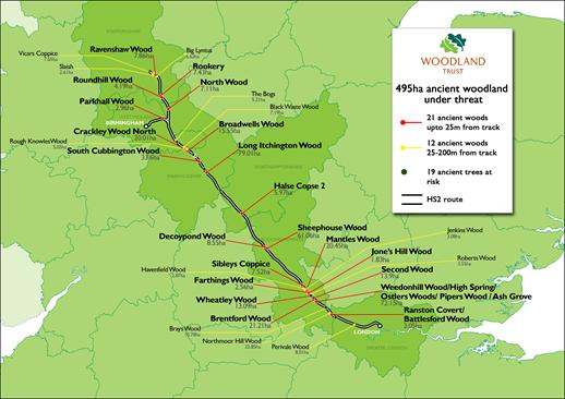 Map showing 52 ancient woods at risk from HS2 Phase 1