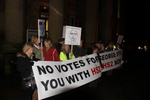 Protesters outside Macclesfield Town hall - "no votes for you with HS2"