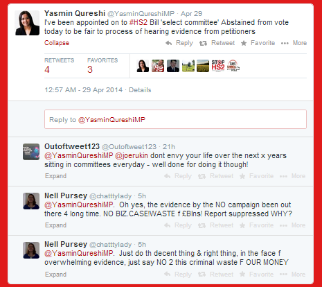 Yasmin Qureshi tweets about not voting on HS2