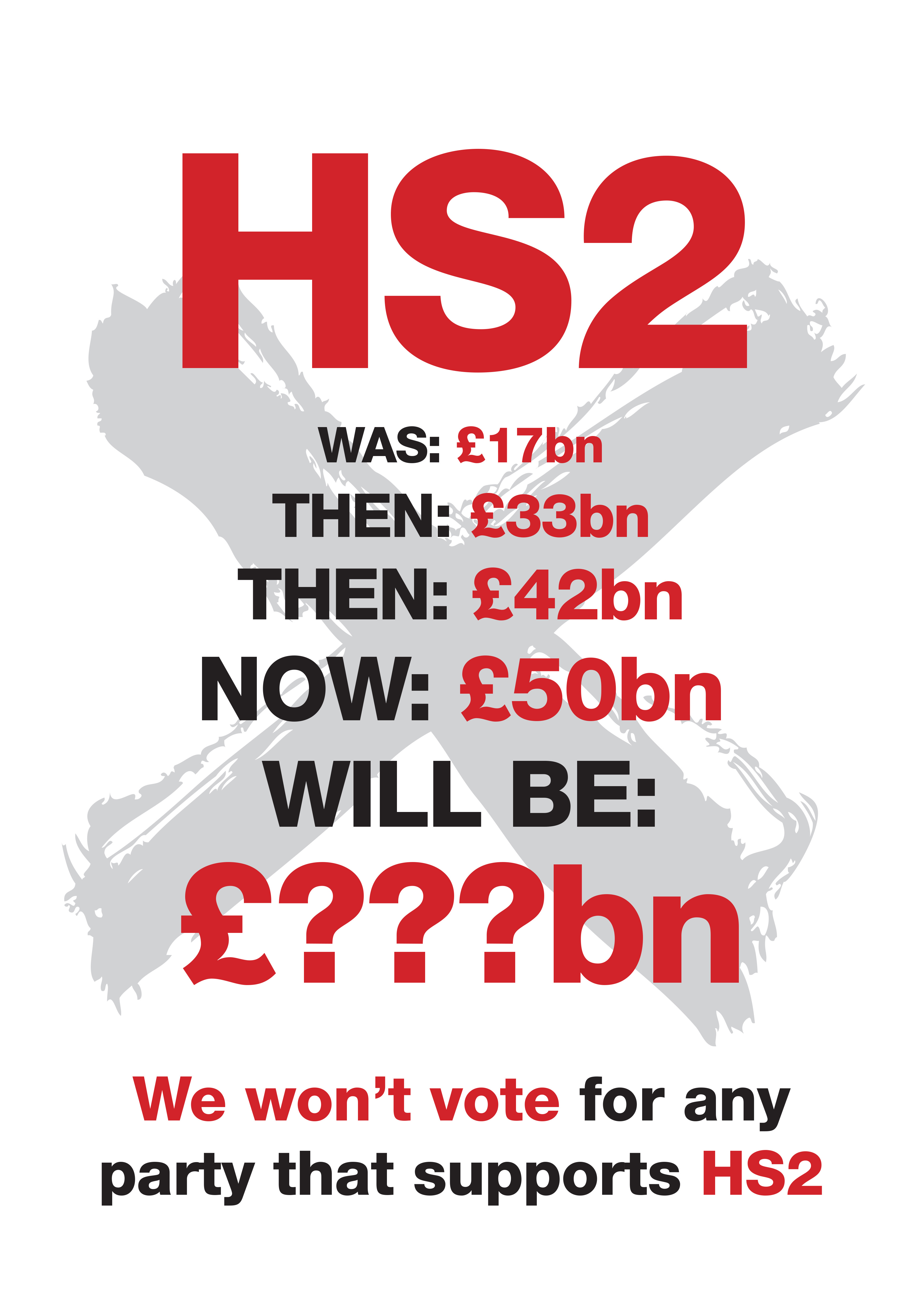 Stop HS2 pre-election poster on the cost escalation of HS2