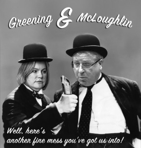  Laurel and Hardy visual of McLoughlin and Justine Greening, holding HS2 train with 'another fine mess' caption
