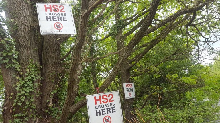 HS2 Crosses here signs in trees at Harvill Road